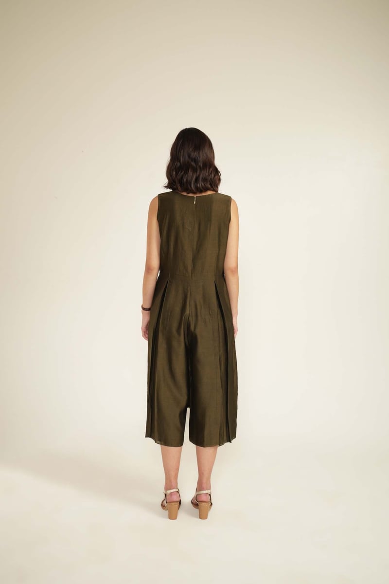 Olive Silk Chanderi Culotte Jumpsuit with Organza Jacket