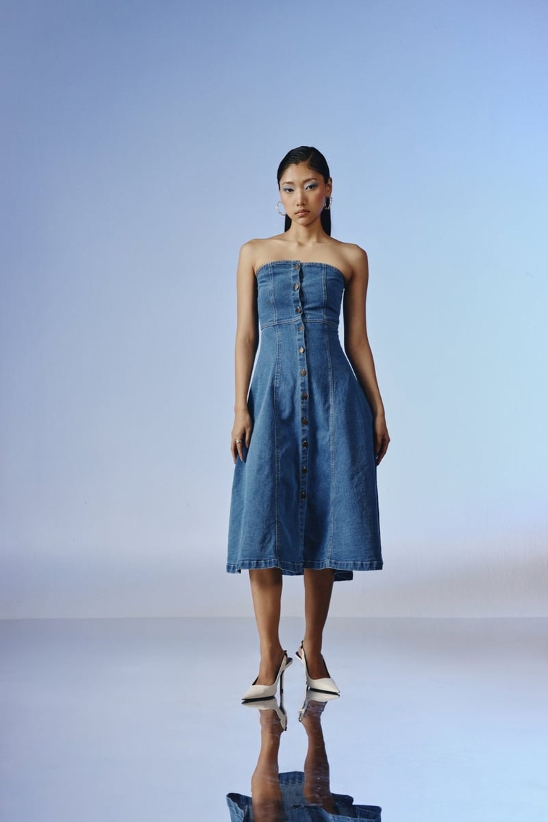 Deep Blue Wash Strapless Denim Fit and Flare Midi Dress