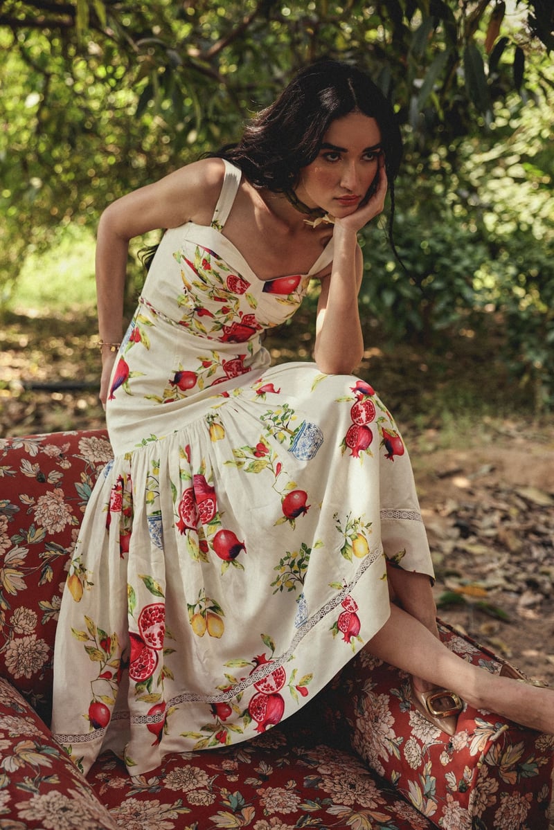Off White Sweetheart Neck Fruit Print Maxi Dress