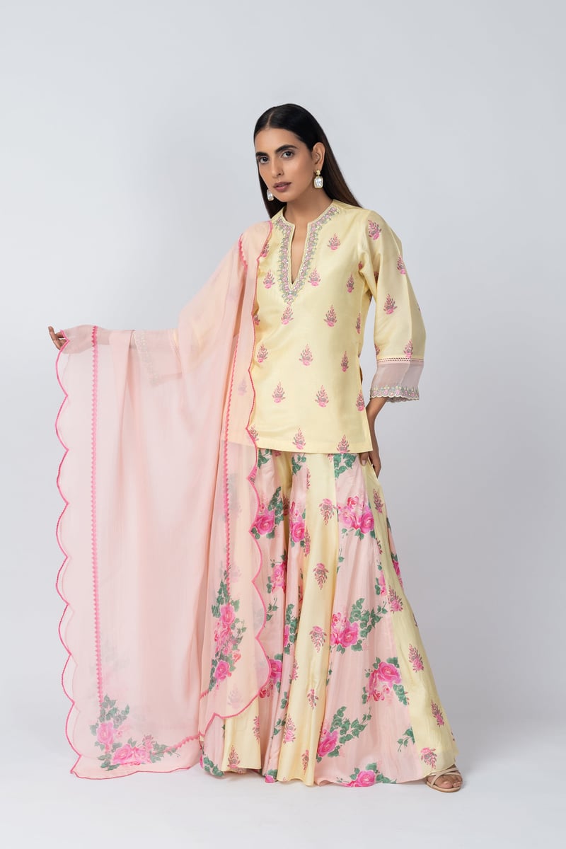 Yellow Floral Silk Kurta Sharara Set with Organza Dupatta