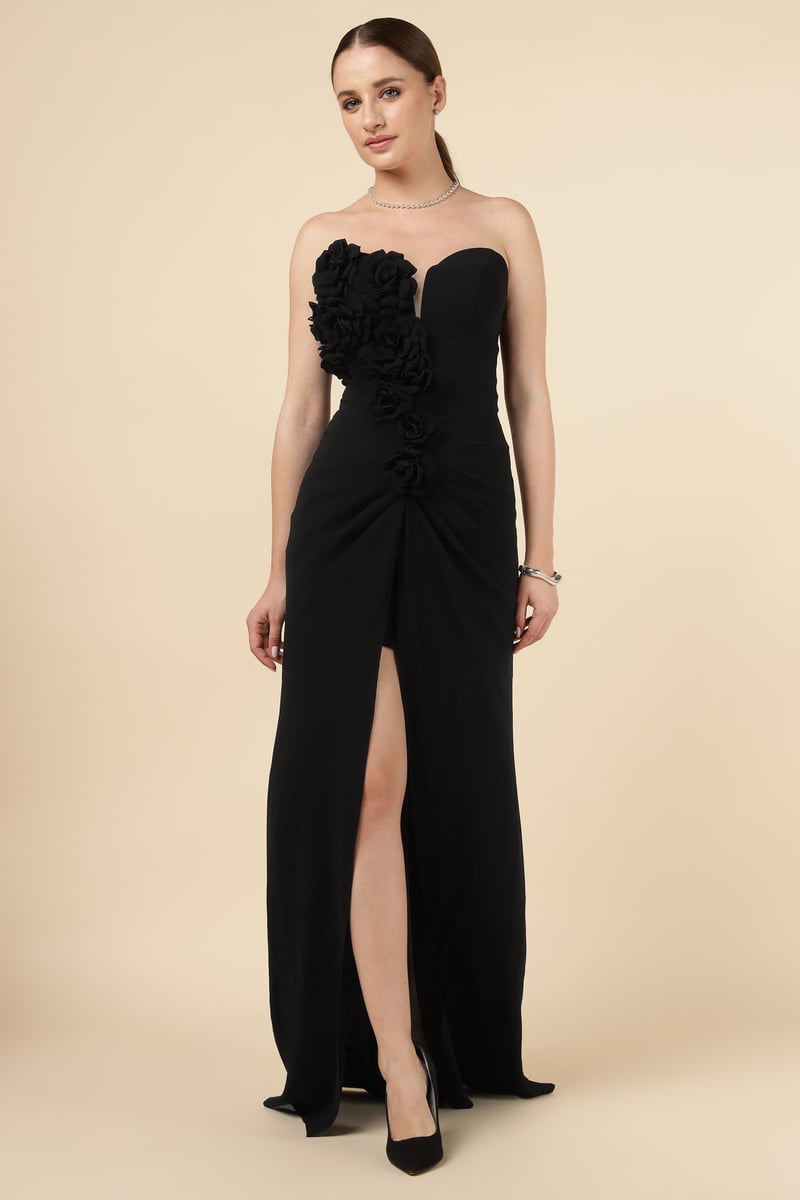Black Strapless Sweetheart Maxi Gown with 3D Floral Applique