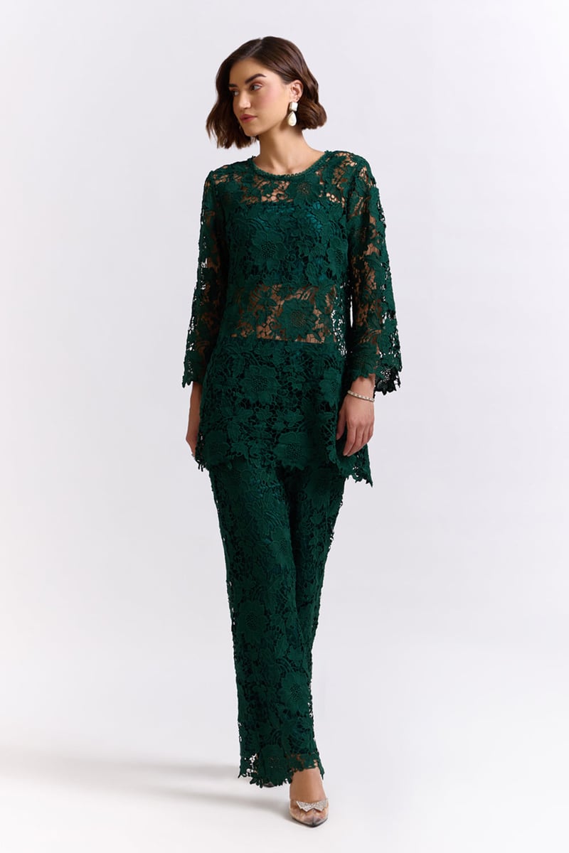 Green Lace Tunic Top and Wide-Leg Pants Co-ord Set