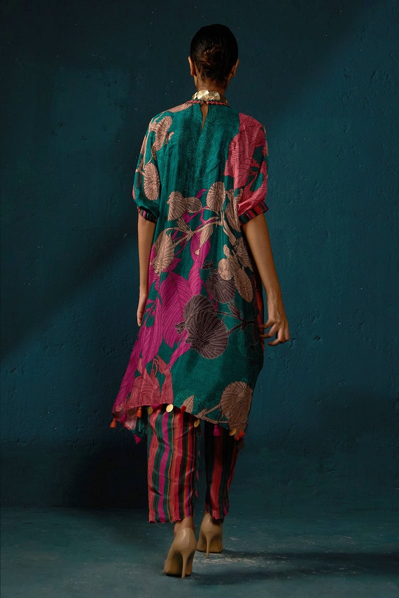 Bottle Green Printed Chiffon Kurta Set with Striped Pants