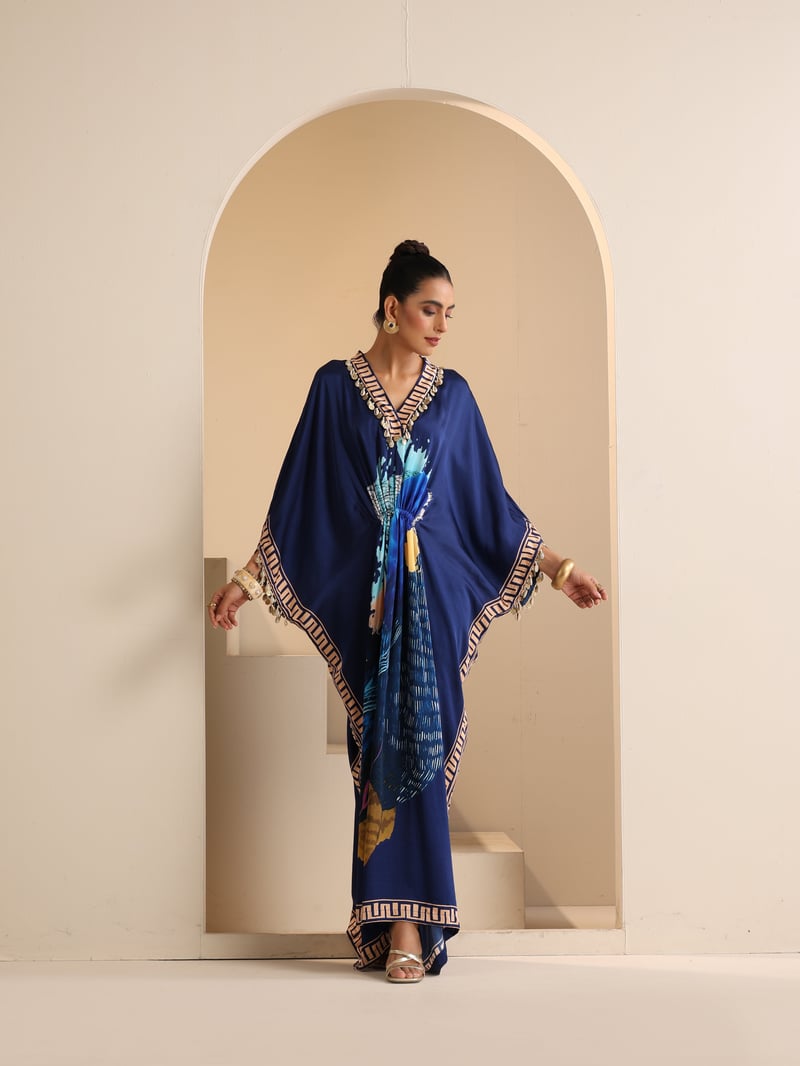 Blue Hand-Painted Abstract Modal Satin Kaftan