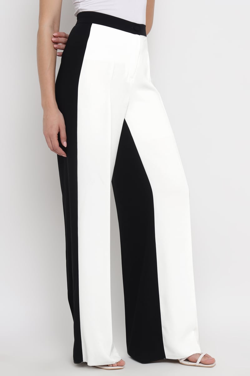 White/Black High-Rise Wide-Leg Colorblock Trousers