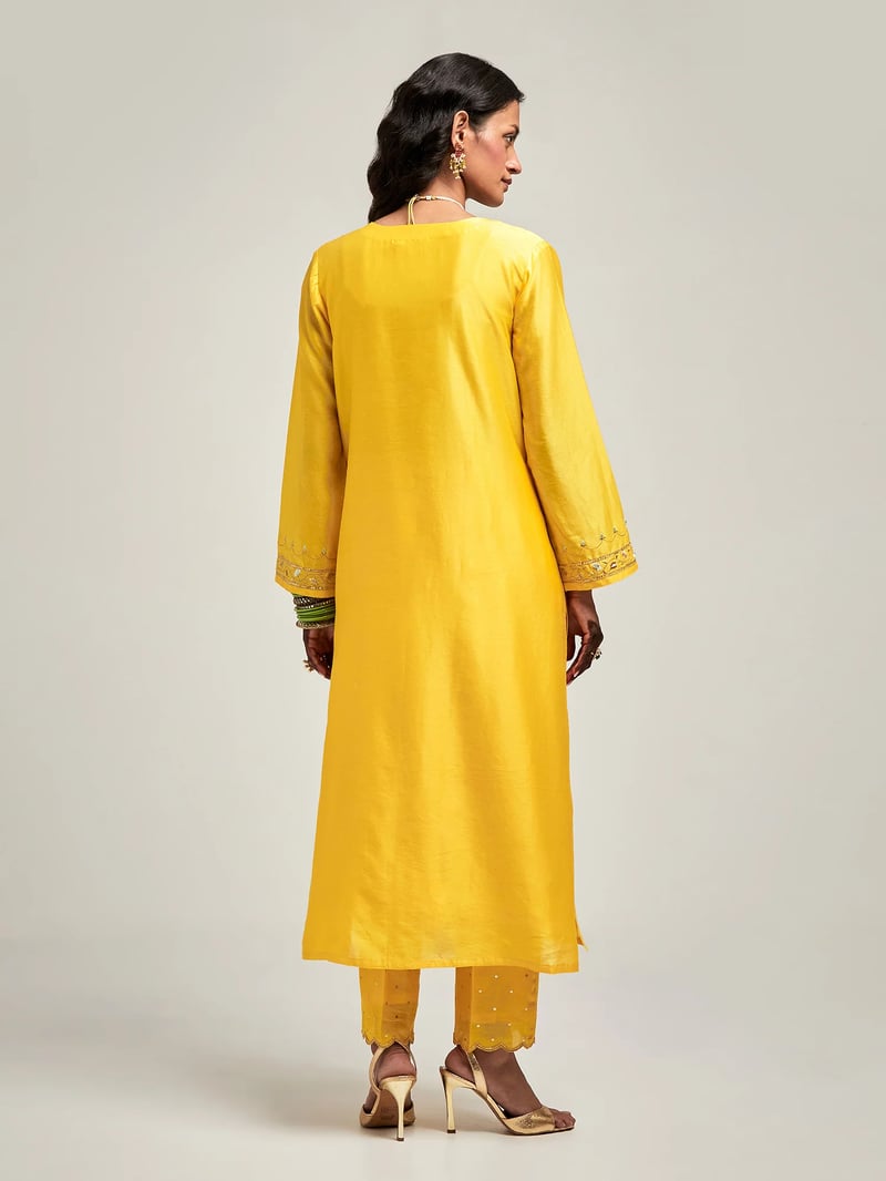 Yellow Silk Chanderi Embroidered Kurta Set with Pants