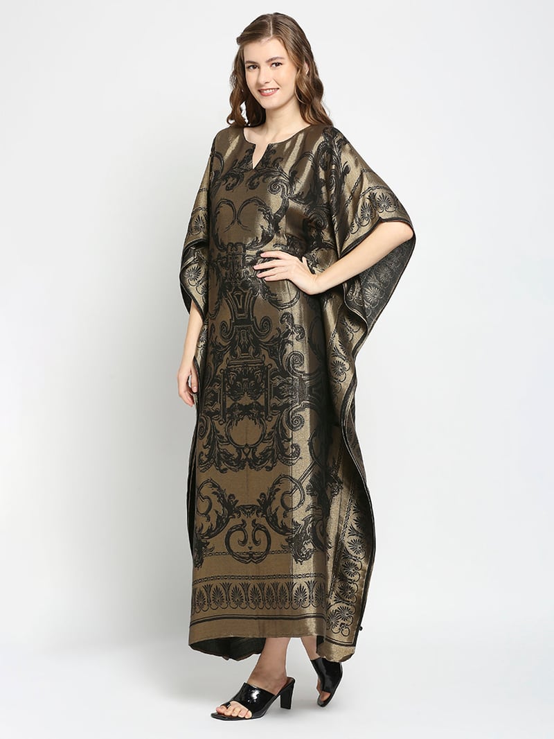 Black and Gold Metallic Brocade Motif Long Kaftan