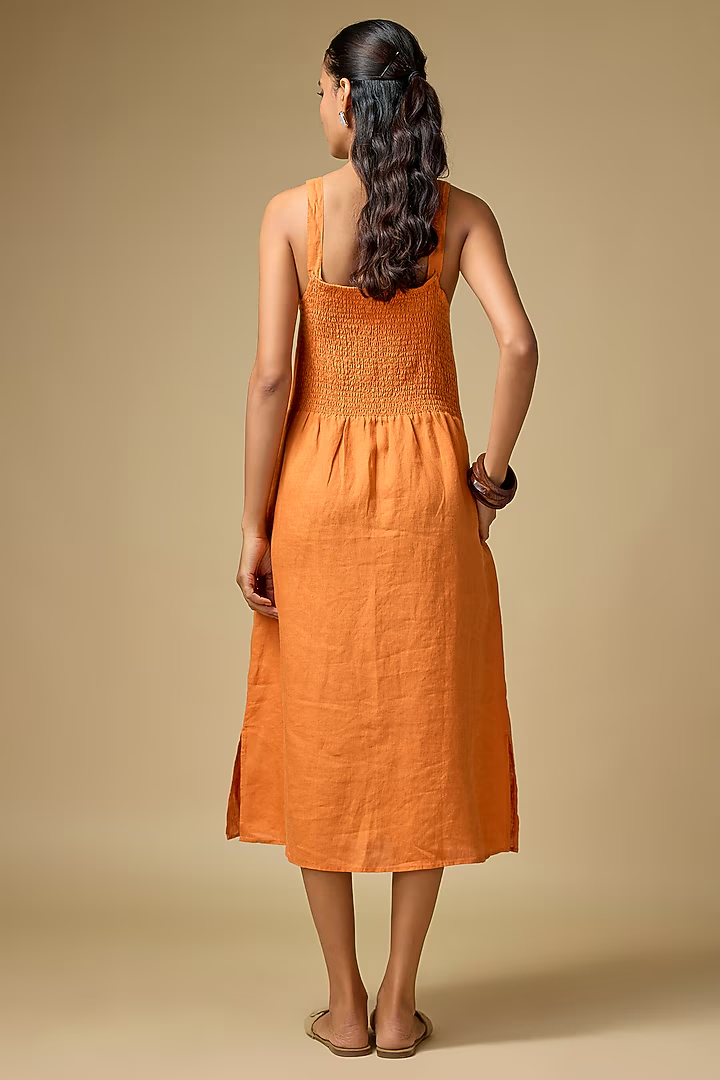 Orange Linen Square-Neck Midi Dress with Palm Motif