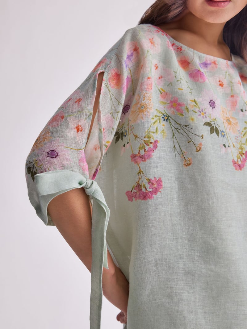 Aqua Bloom Gauze Linen Cape and Palazzo Co-ord Set