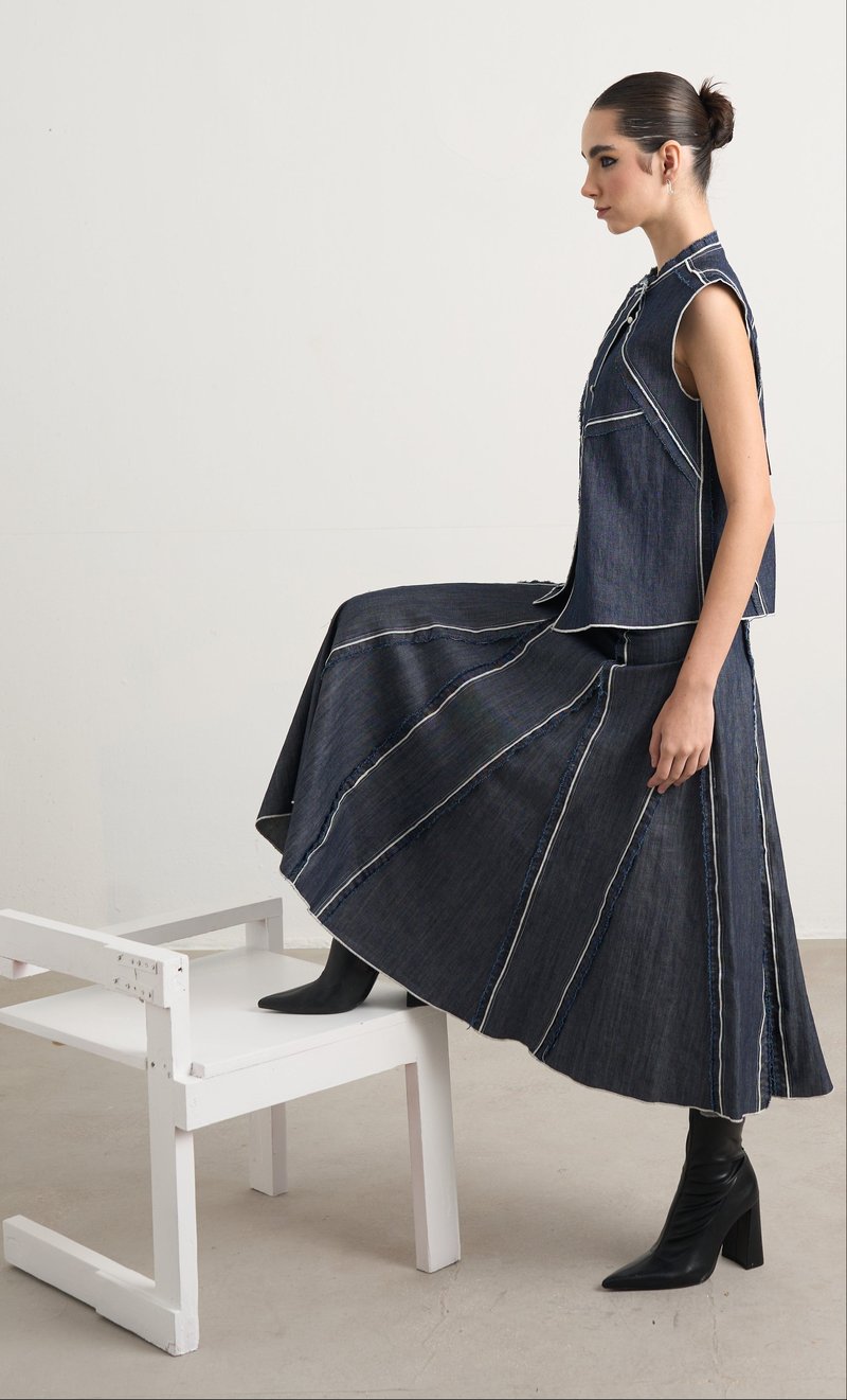 Blue Denim Panelled Maxi Skirt with Side Zip
