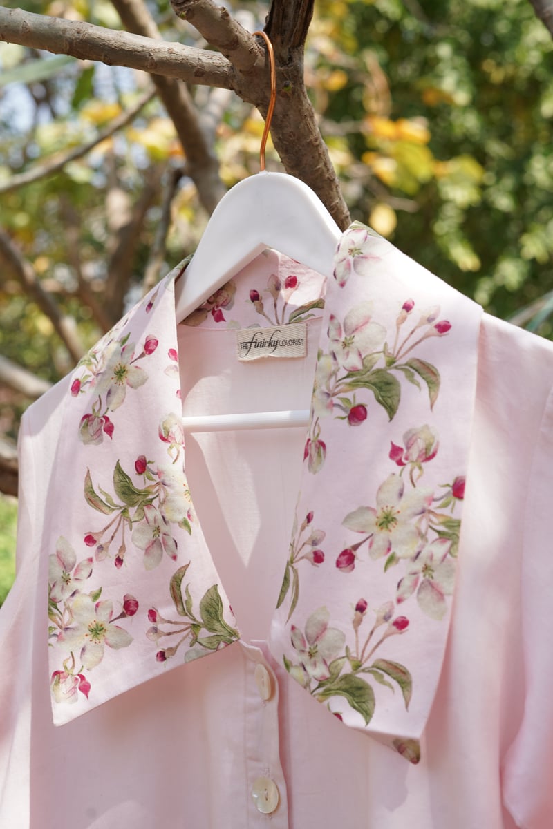 Pink Cotton Satin Shirt with Floral Statement Collar