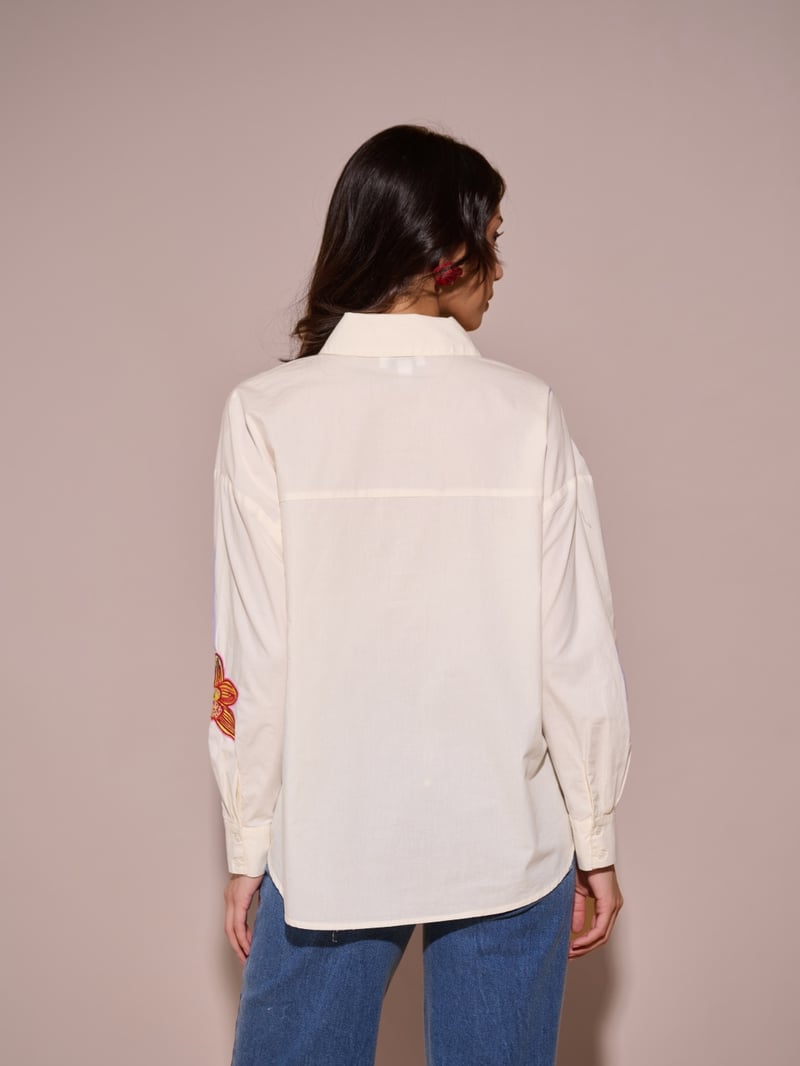 Off-White Floral Applique Button-Down Shirt