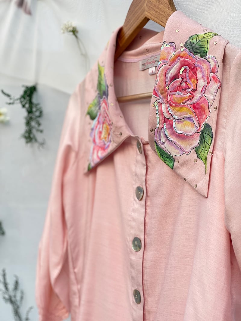 Rose Pink Hand-Painted Collar Cotton Chanderi Shirt