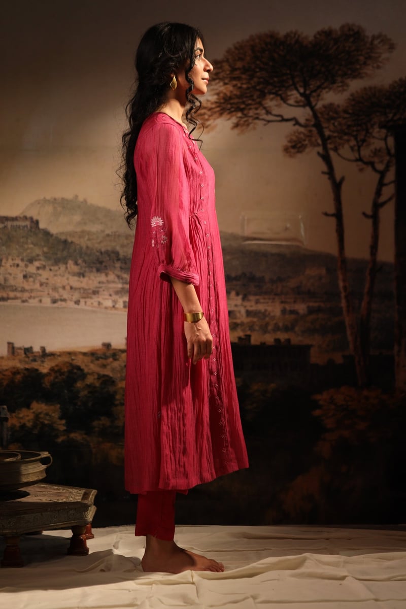 Hot Pink Embroidered Yoke Kurta Set with Pants and Slip