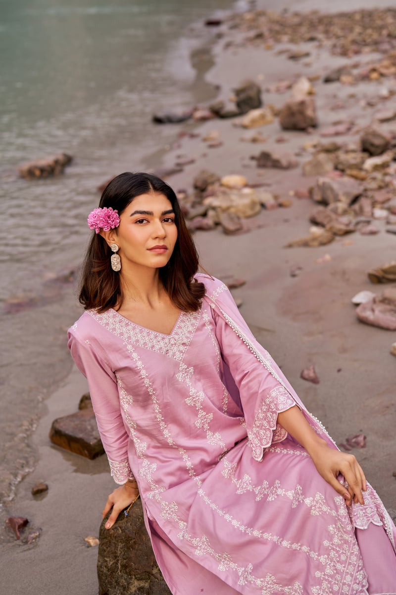 Lavender Cotton Embroidered Straight Kurta Set with Dupatta