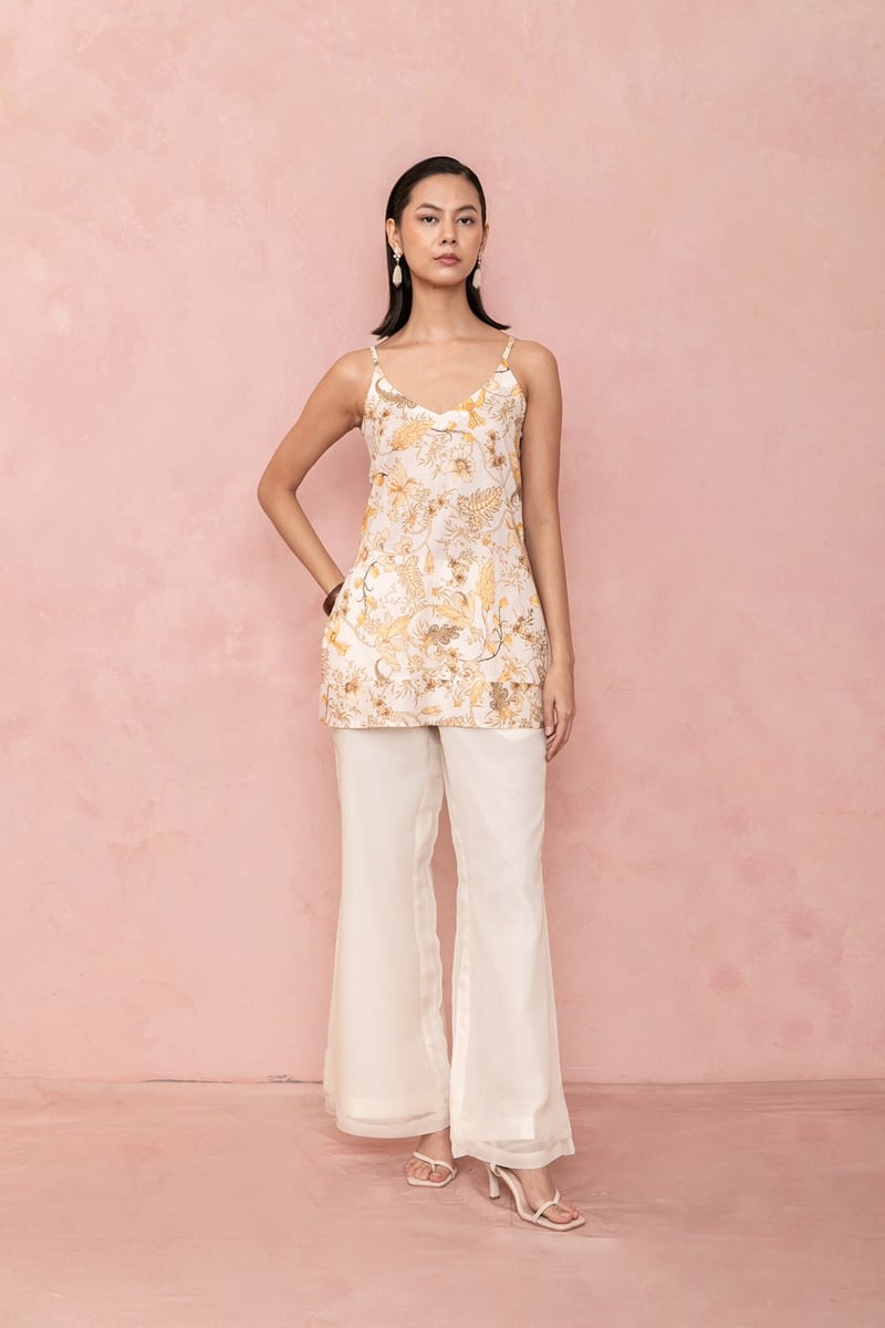 Ivory Sheer Organza Schiffli Tunic and Flared Pants Set