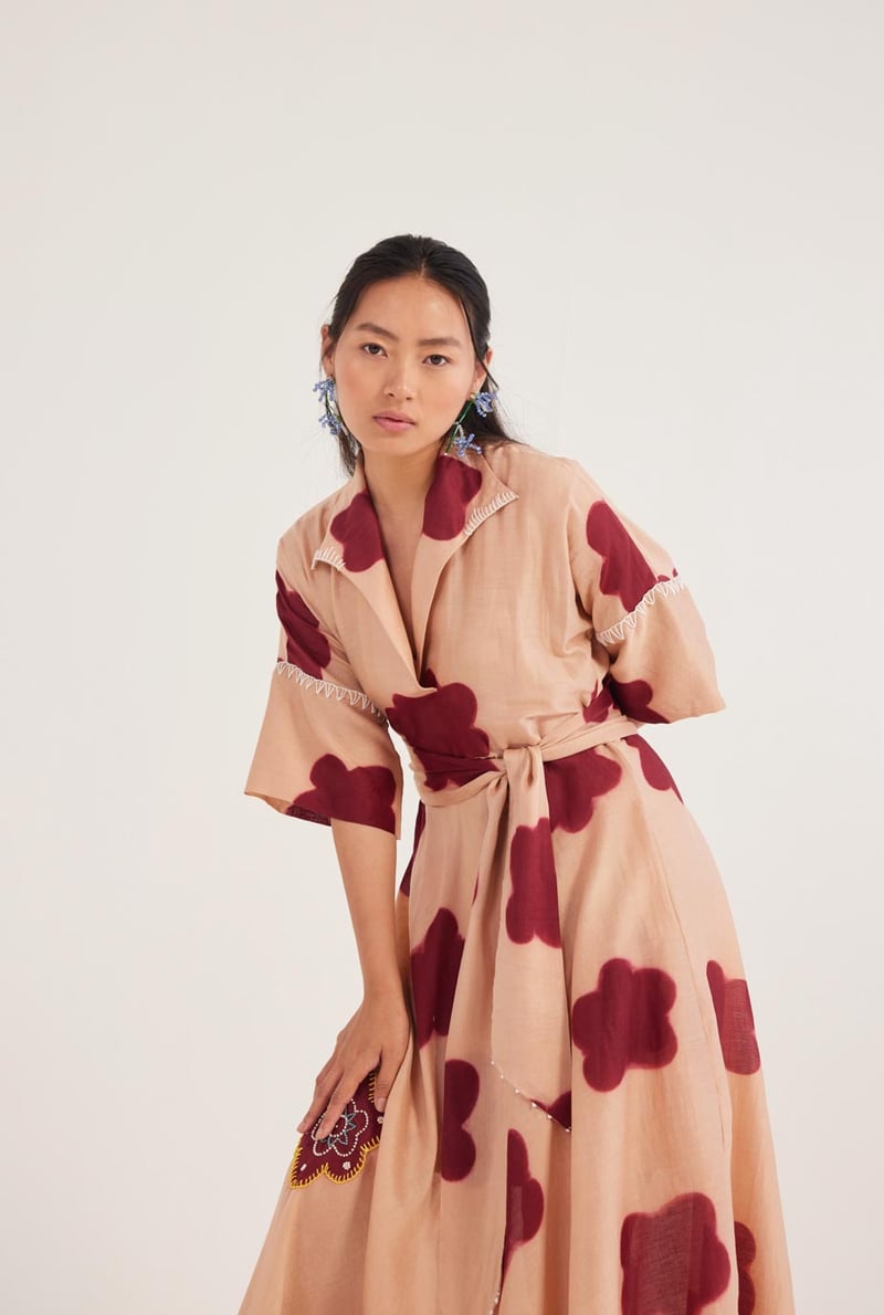 Beige Printed Chanderi Maxi Dress with Tie Belt