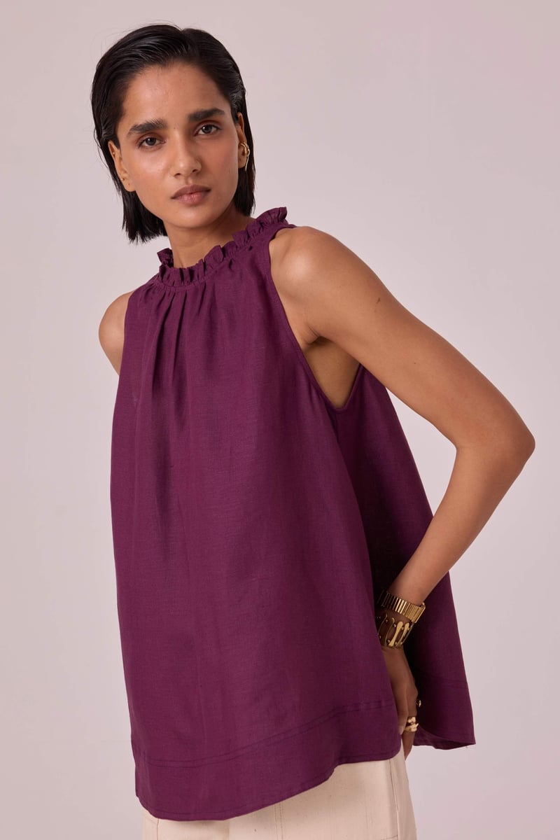 Purple Linen Halter Neck Flowy Top with Ruffle Neckline