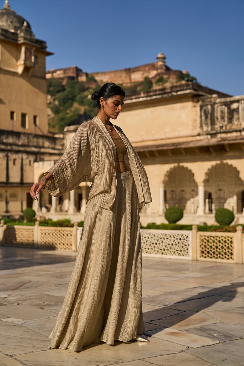 Gold Metallic Tissue Shrug with Draped Lapel Collar