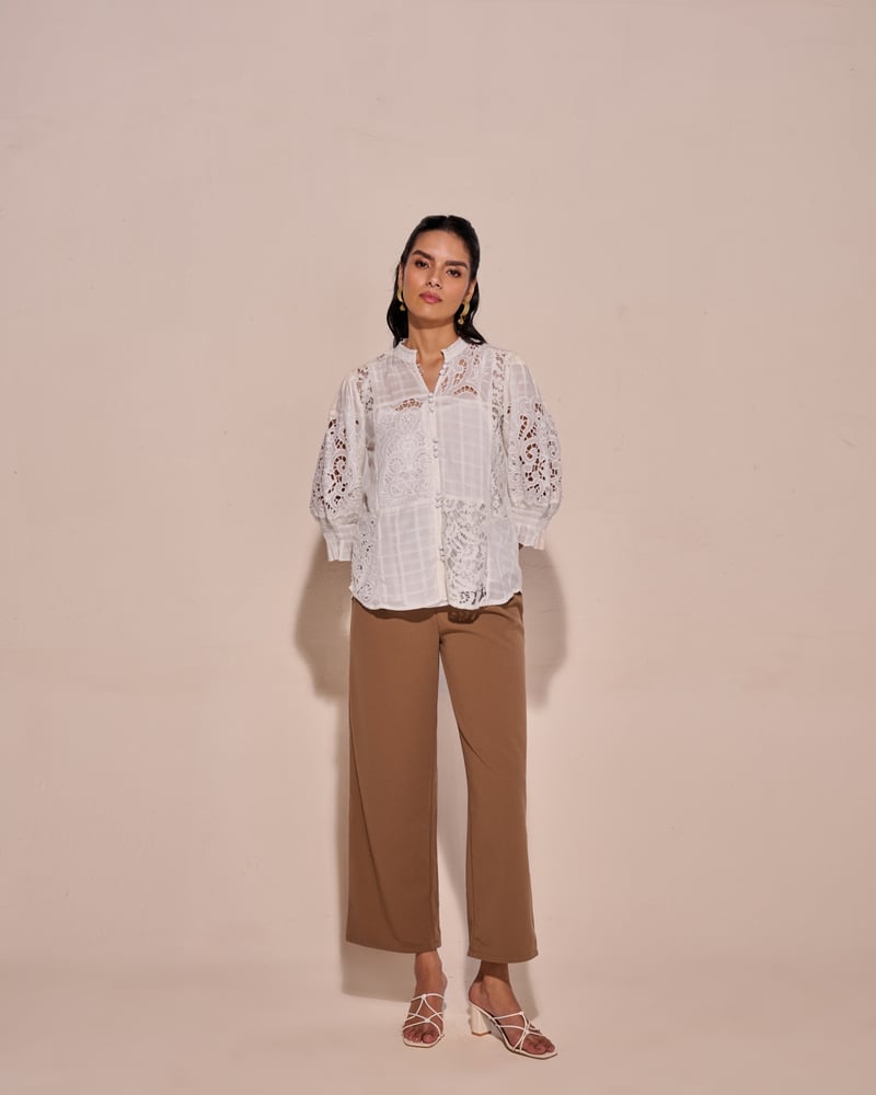 White Cotton Lace Insert Mandarin Collar Top