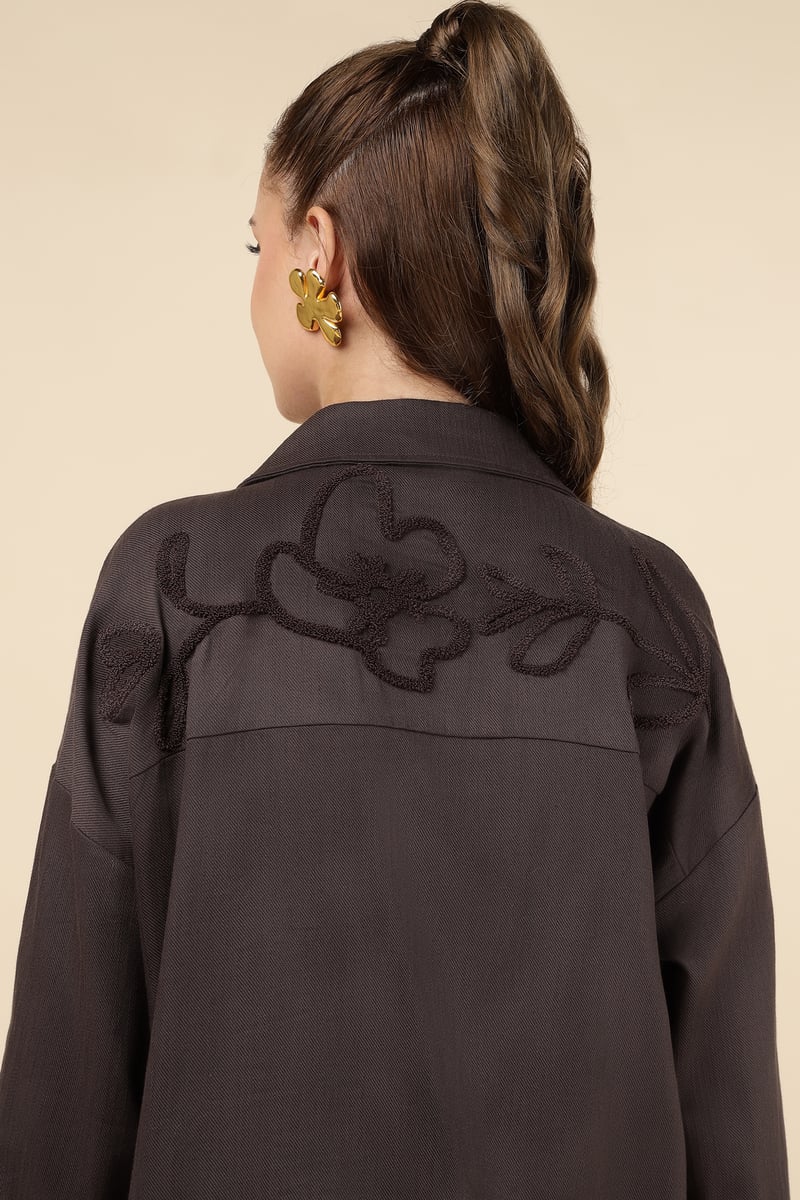 Kahve Brown Tonal Floral Embroidered Button-Down Shirt