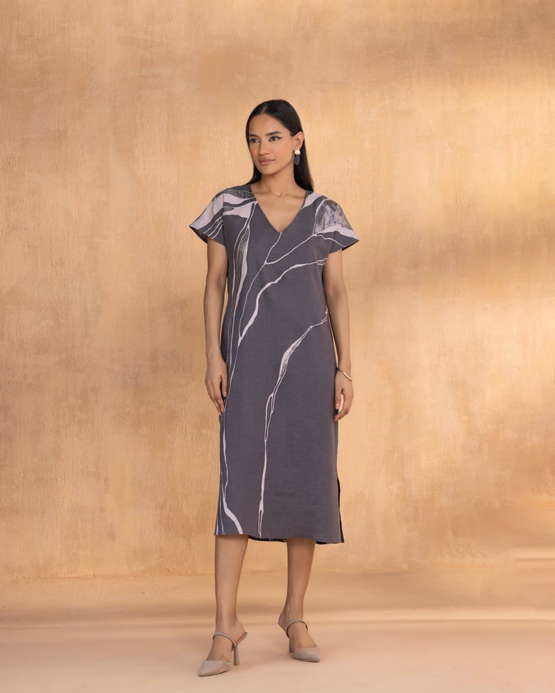 Charcoal Abstract Print Linen Midi Shift Dress — Kaveri