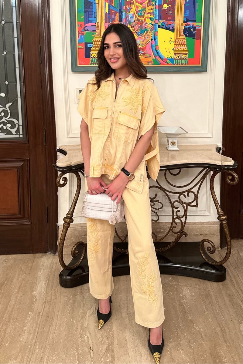 Yellow Denim Co-ord Set with Tonal Embroidery
