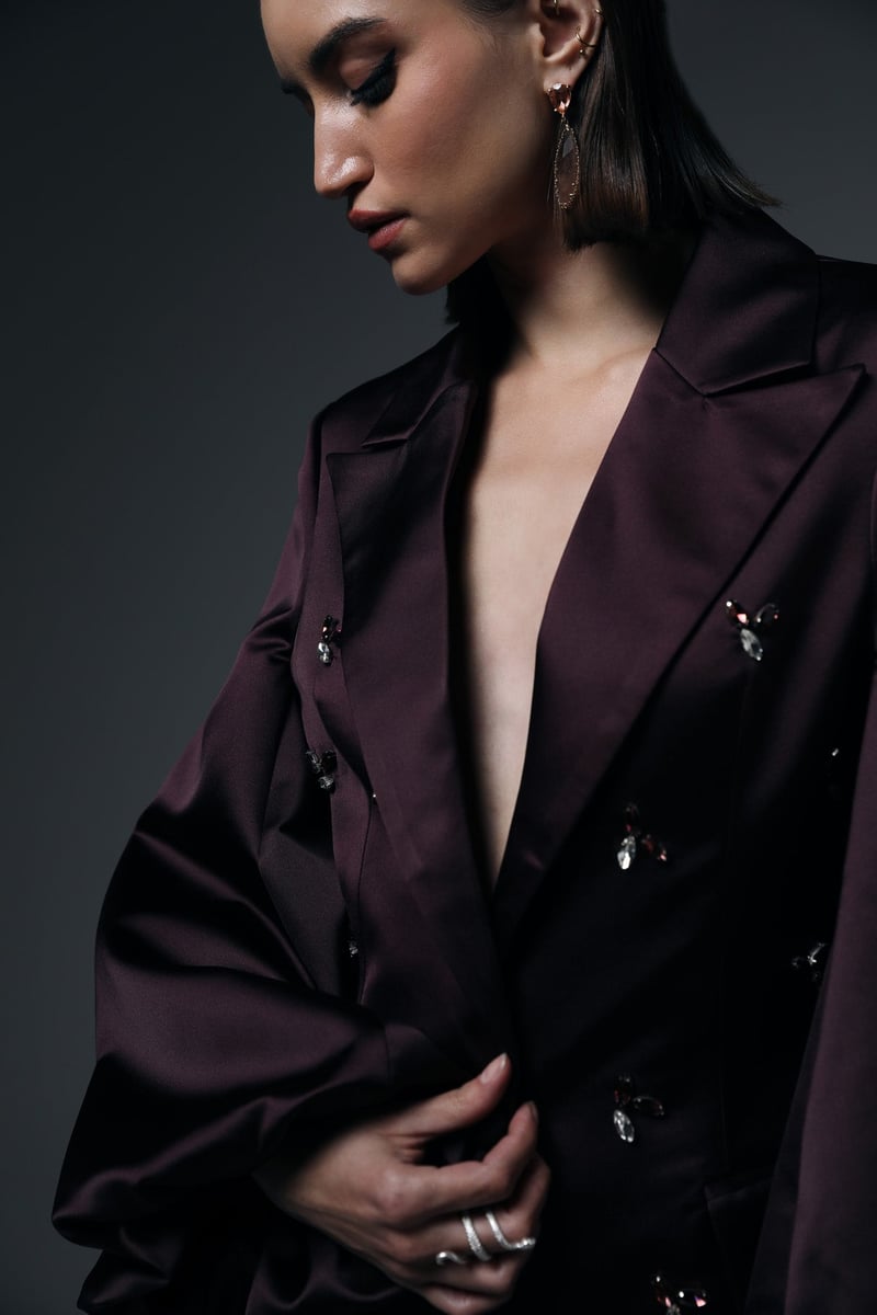 Wine Satin Crystal-Embellished Pantsuit Co-ord Set