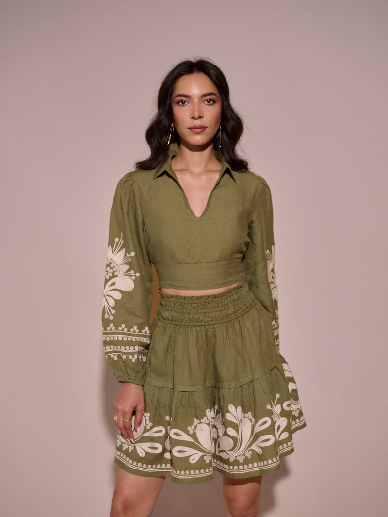 Green Linen Tiered Mini Skirt with Embroidered Hem