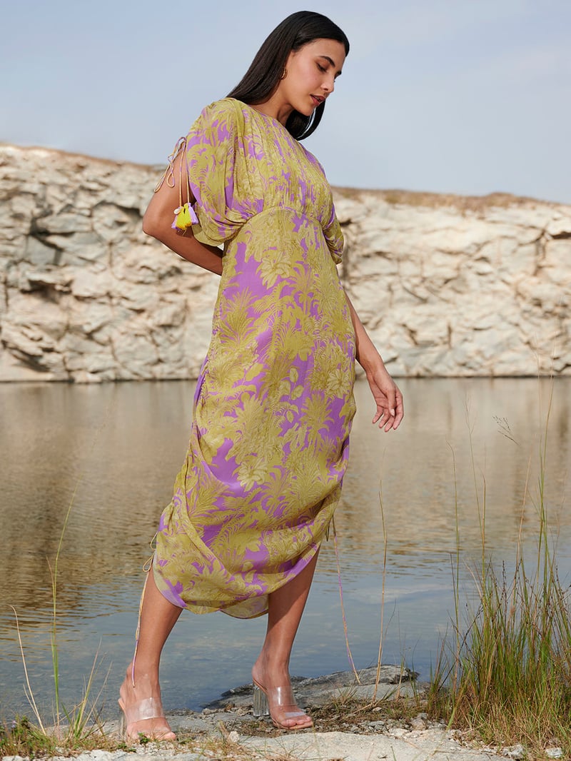 Purple and Yellow Printed Crepe Midi Dress
