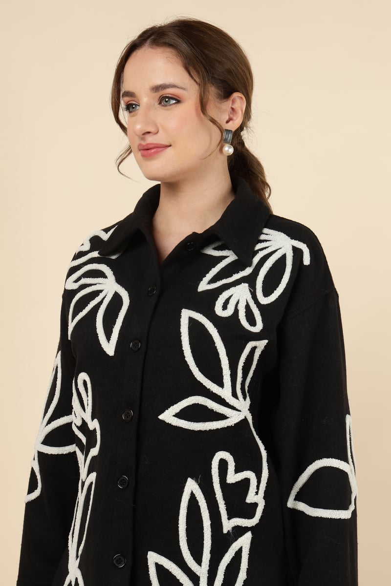 Black Floral Applique Overshirt Shirt