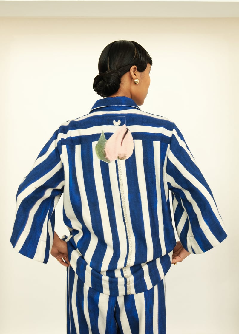 Blue and White Striped Abstract Floral Anti-Fit Shirt