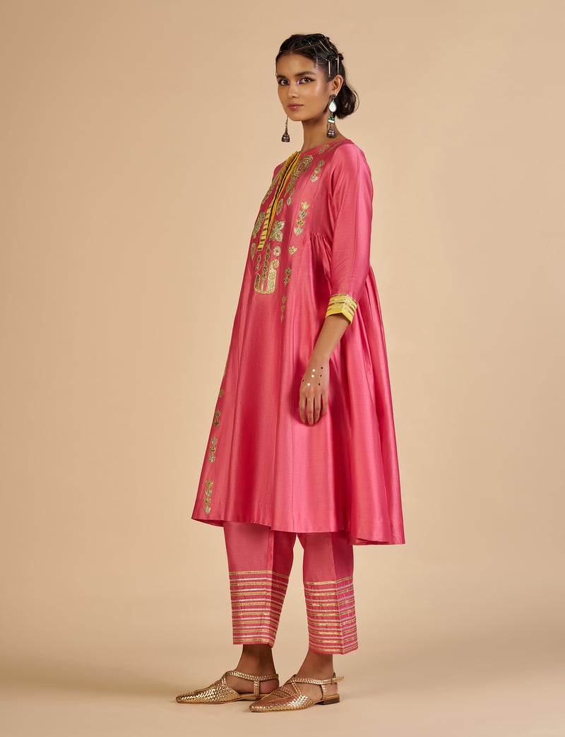 Pink Silk Chanderi Culotte Trousers with Gota Border