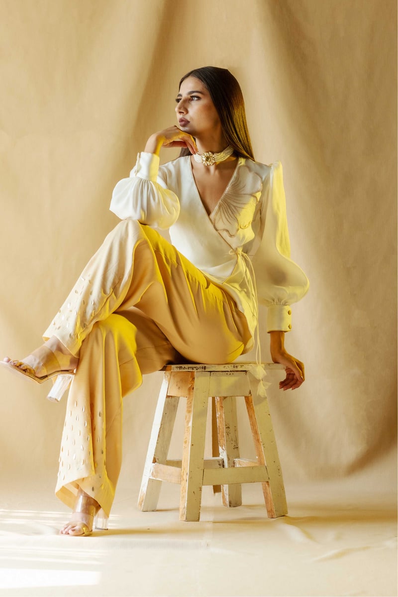 Cream Angrakha Wrap Top and Wide-Leg Pants Co-ord Set