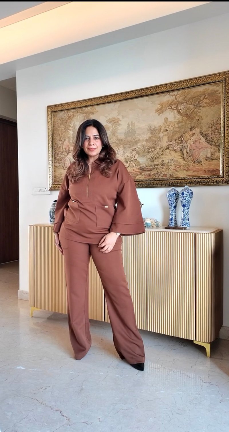 Brown Banana Crepe Half-Zip Co-ord Set with Bell-Bottoms