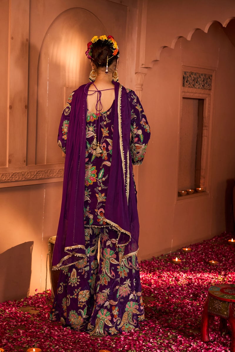 Purple Embroidered Kurta Sharara Set with Dupatta