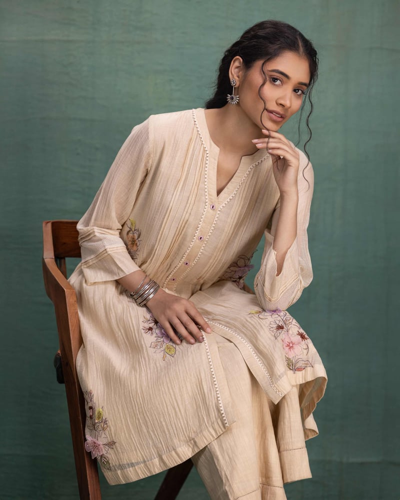 Cream Chanderi Embroidered Kurta and Pant Co-ord Set