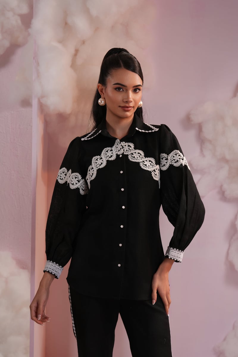 Black Shirt and Tapered Pants Co-ord Set with Lace Detail