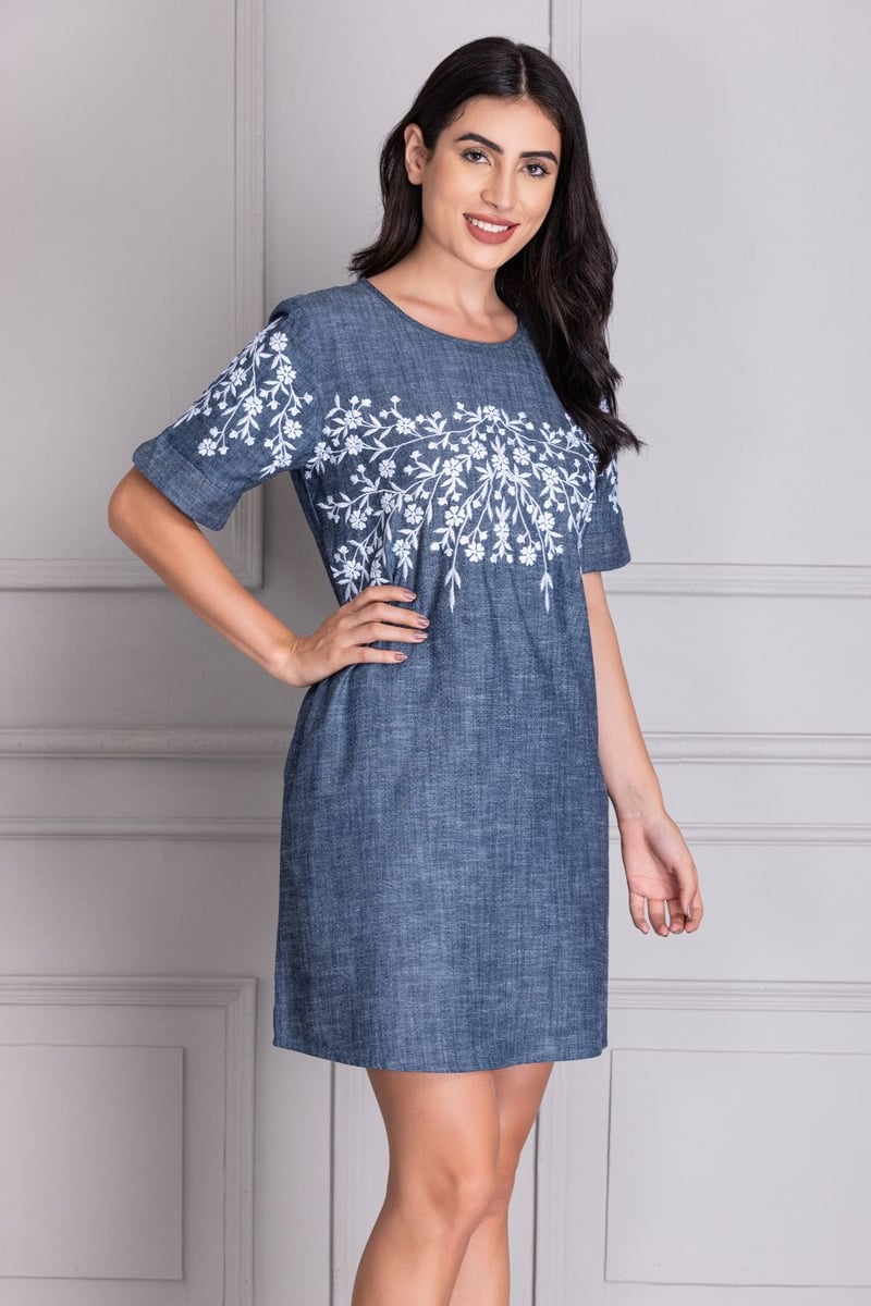 Blue Denim Embroidered Yoke Mini Dress