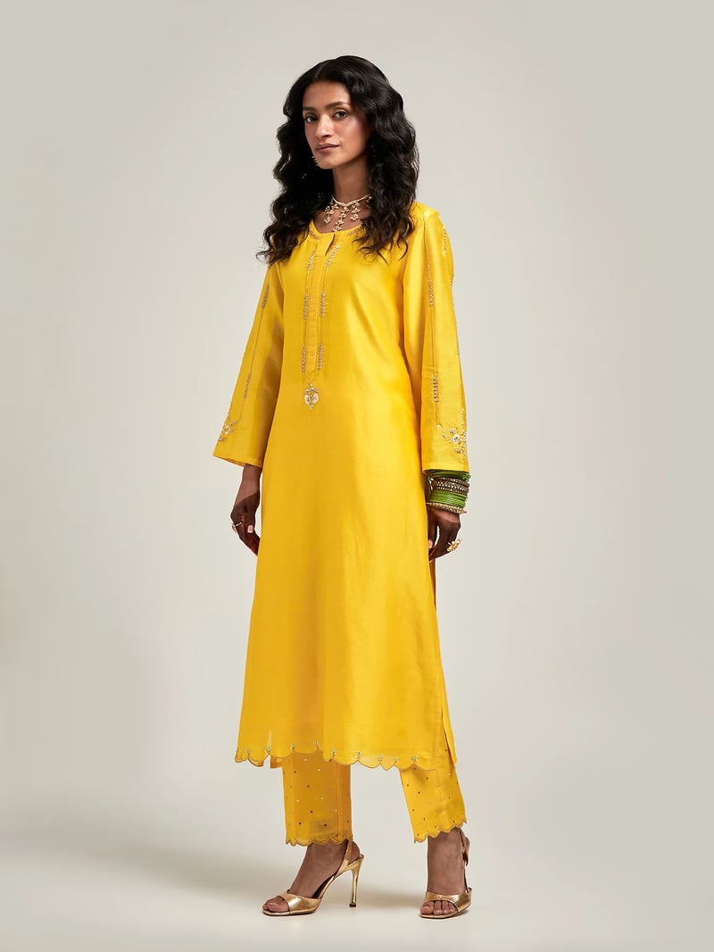 Yellow Silk Chanderi Embroidered Straight Kurta Set