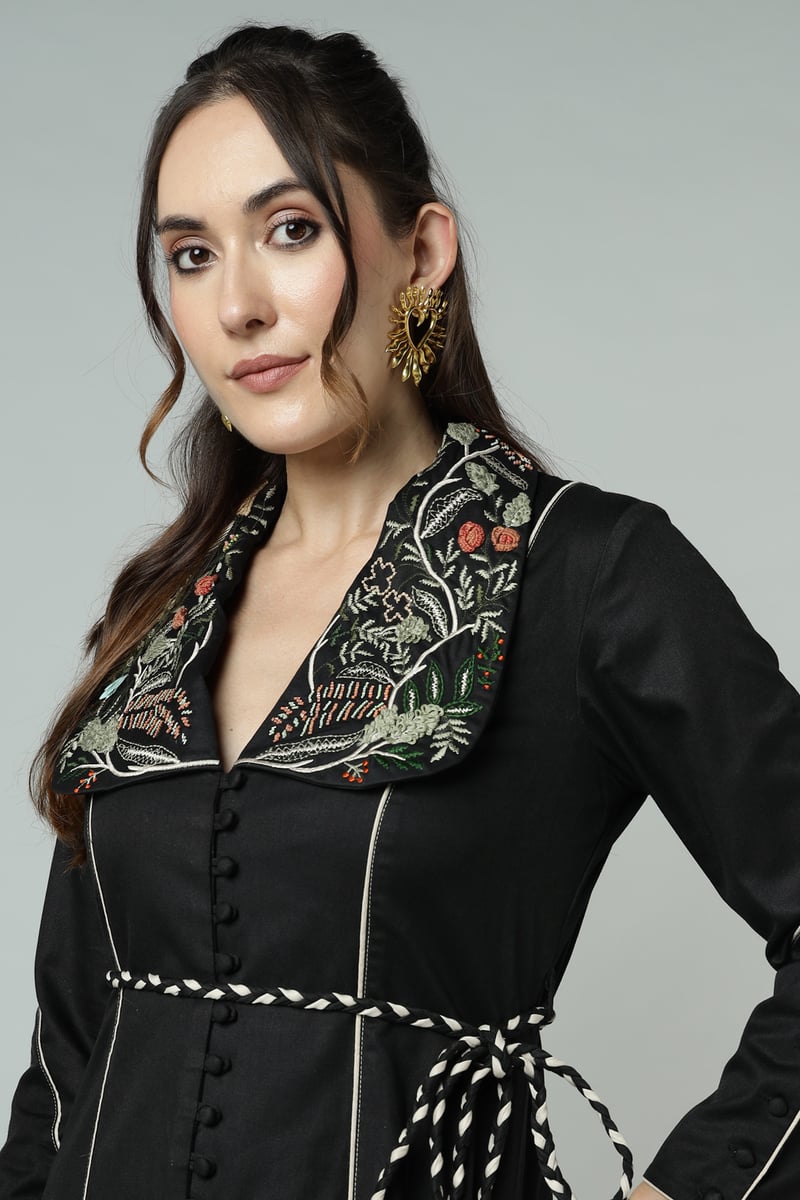 Black Embroidered Collar Belted Trench Jacket