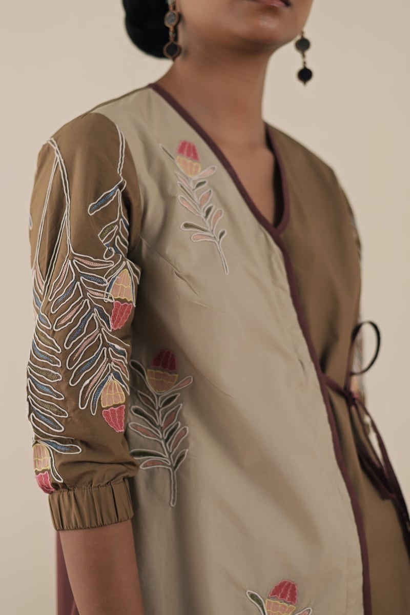 Walnut/Beige Colorblocked Embroidered Wrap Dress