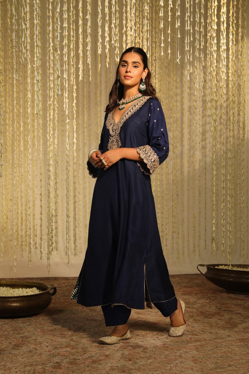 Dark Blue Silk Dupion V-Neck Choga Kurta Set with Salwar