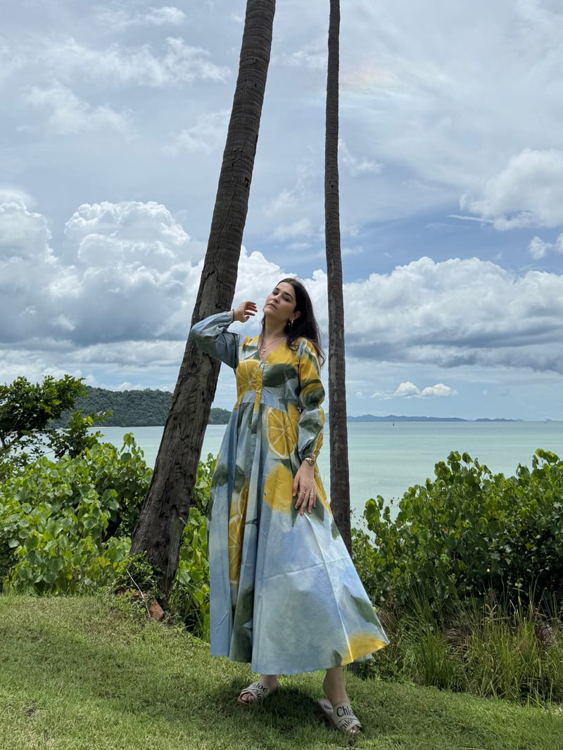 Blue Citrus Print Cotton Fit and Flare Maxi Dress