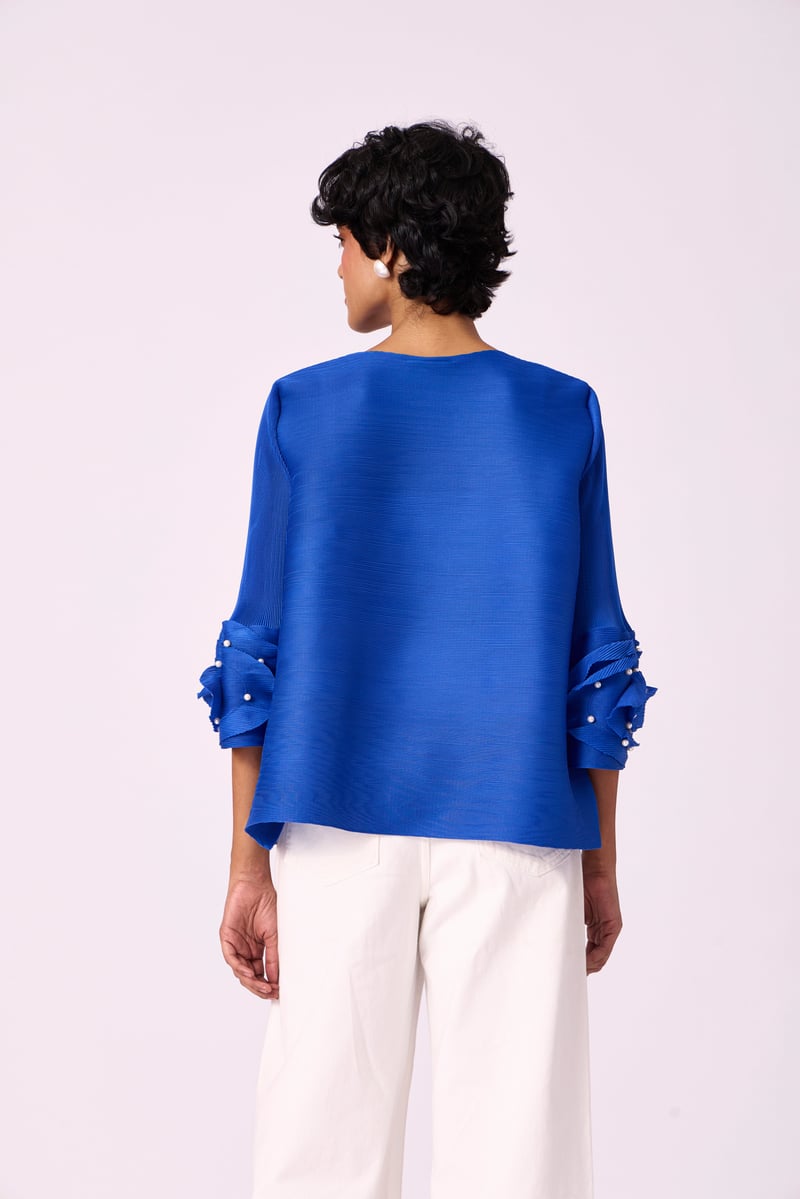 Azure Blue Pleated Top with Pearl Applique Sleeves