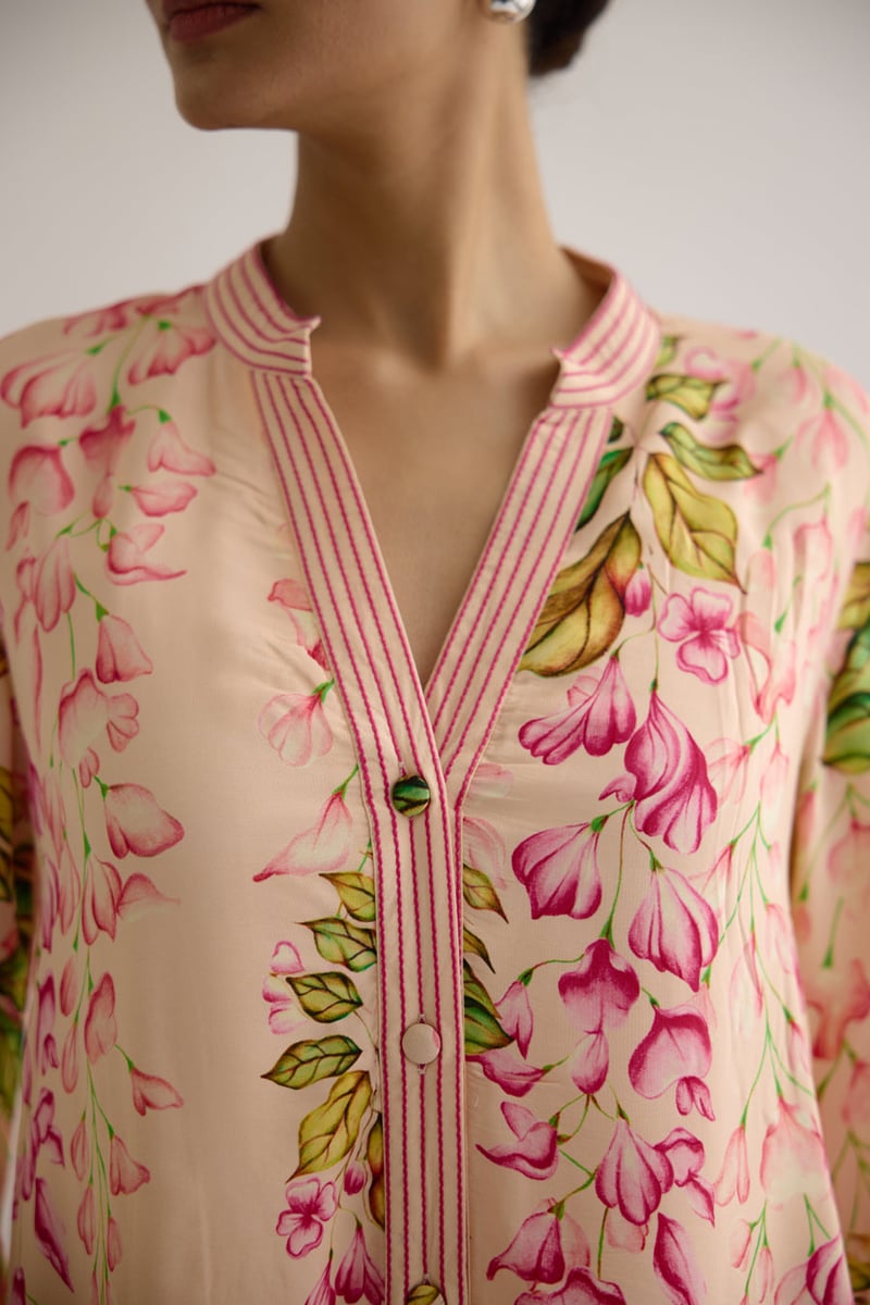Peach Floral Printed Maxi Shirt Dress with Button Front