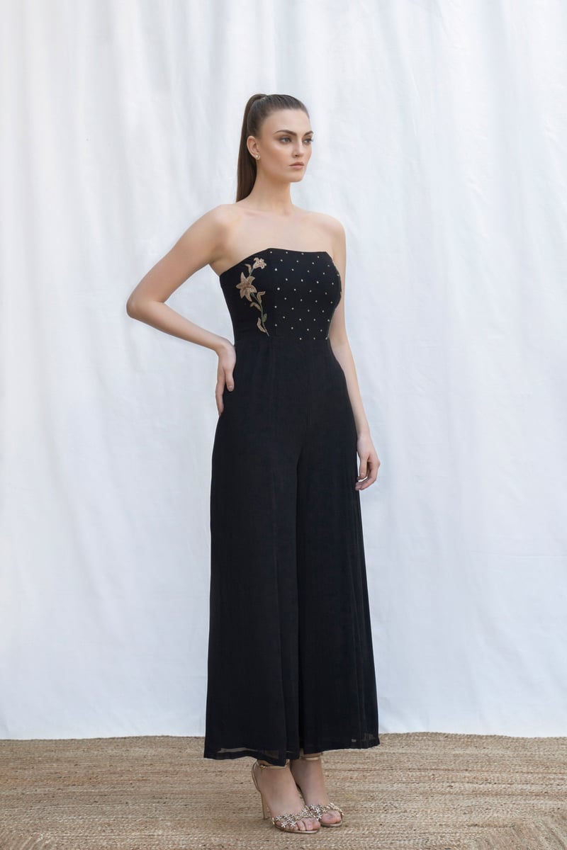 Black Strapless Beaded Tube Wide-Leg Jumpsuit
