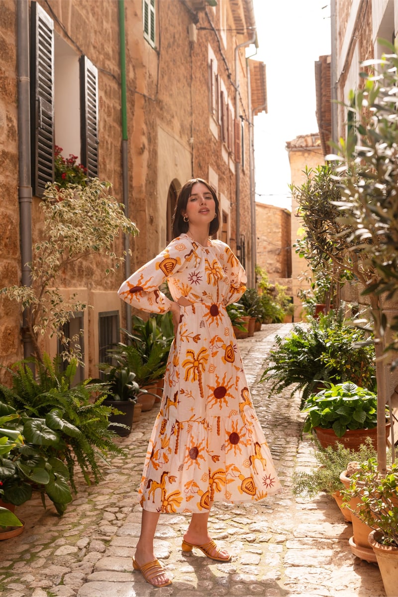 White/Yellow Printed Linen Midi Dress with Waist Cut-Outs