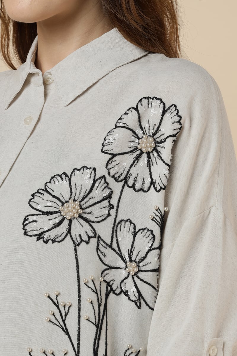 Natural Floral Embellished Longline Shirt
