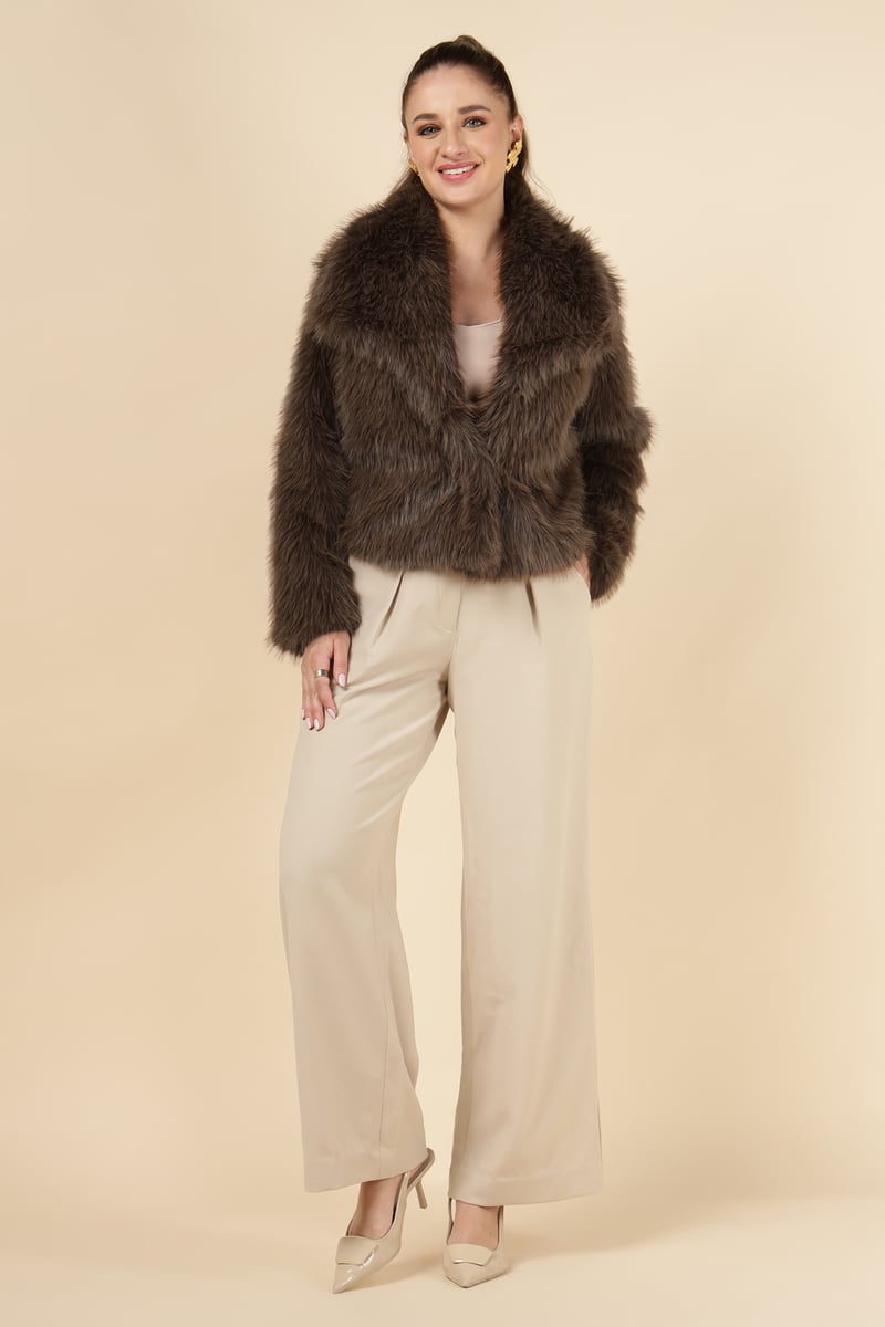 Brown Cropped Faux-Fur Jacket with Lapel Collar